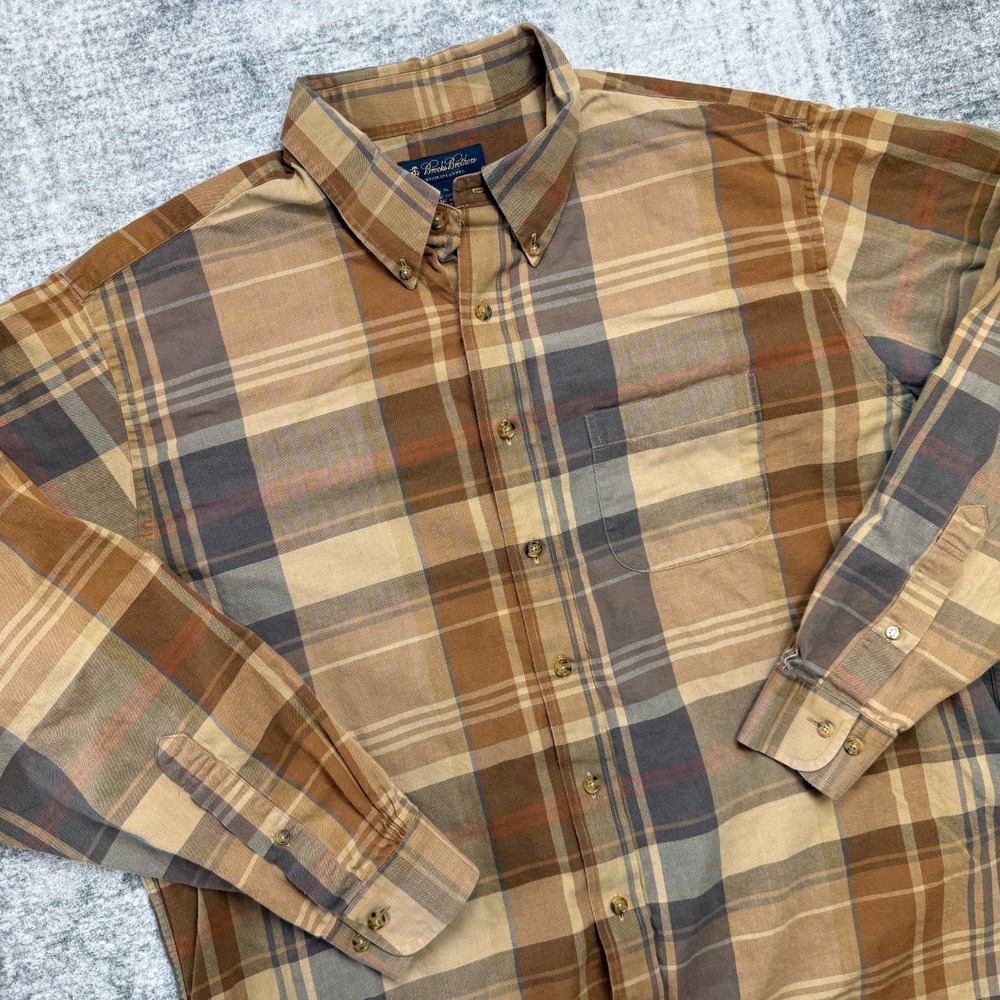 Brooks Brothers Shirt Mens XL Brown Plaid Flannel Cotton Wool Button Overshirt‎